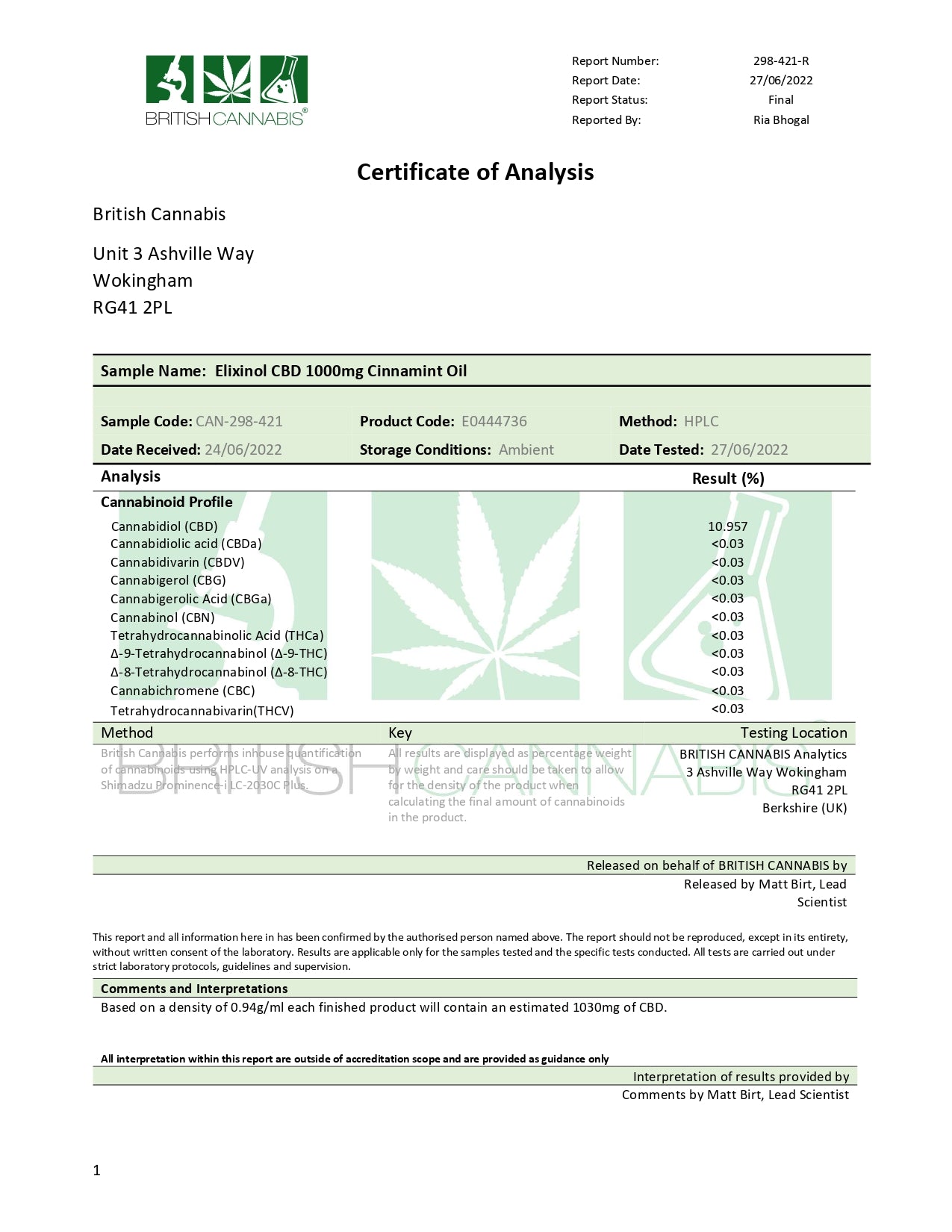 Elixinol 1000mg CBD Oil Tinctures - 10ml