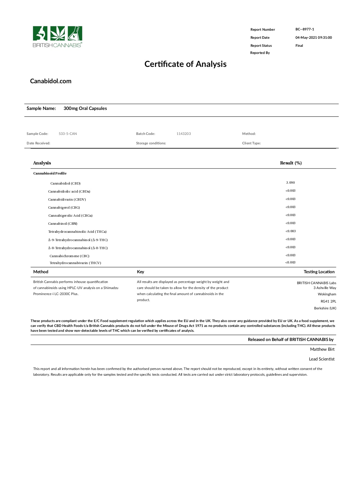 CBD by British Cannabis 300mg CBD 100% Cannabis Oral Capsules - 30 Caps