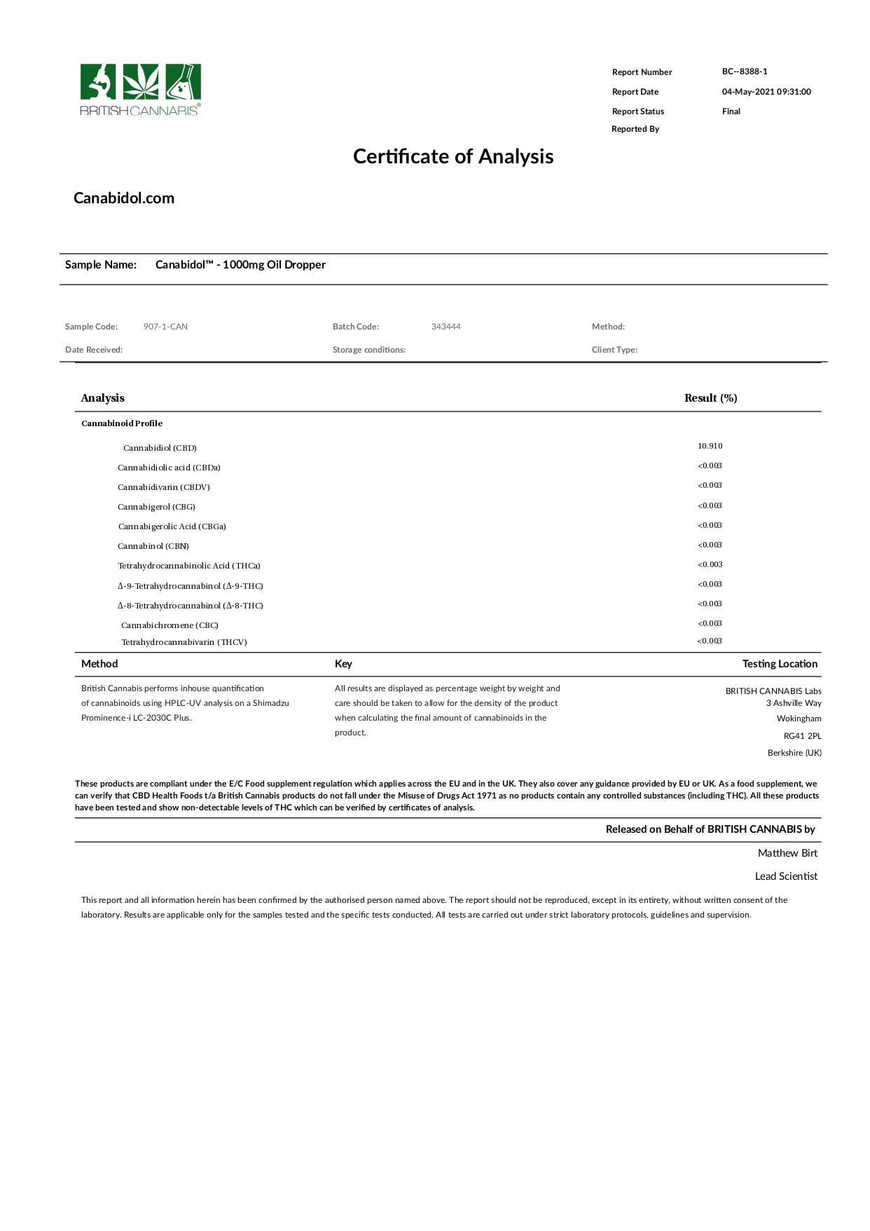 CBD by British Cannabis 1000mg CBD Cannabis Oil - 10ml