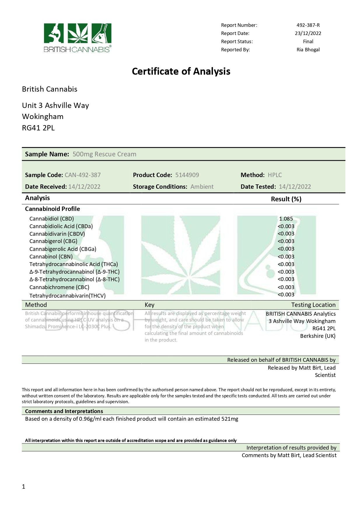 CBD by British Cannabis 250mg CBD Rescue Cream 50ml