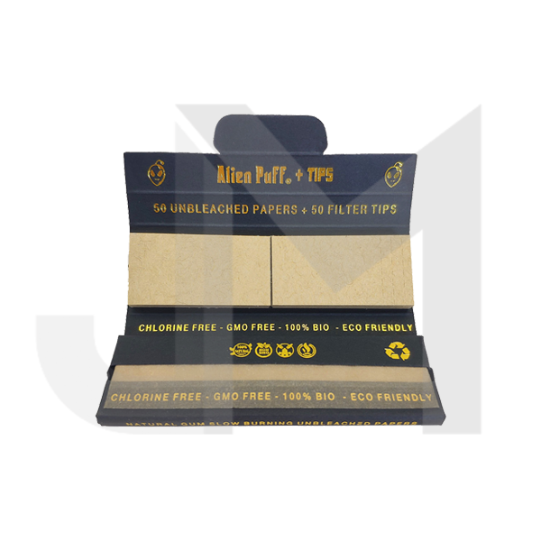 50 Alien Puff Black & Gold 1 1/4 Size Unbleached Brown Papers + Tips ( HP101 )
