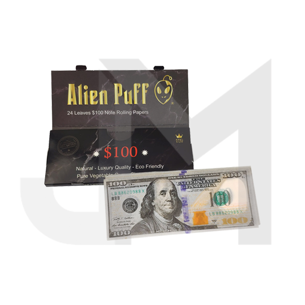 24 Alien Puff Black & Gold King Size $100 Note Rolling Papers ( HP176AP )