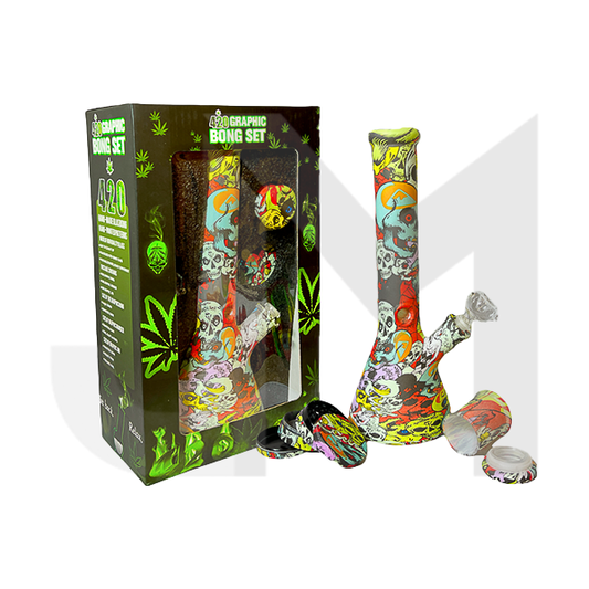 420 Graphic Glass Bong Set 14"+ 50mm 4Part Grinder + Stash Jar- OSH114 - GS1194