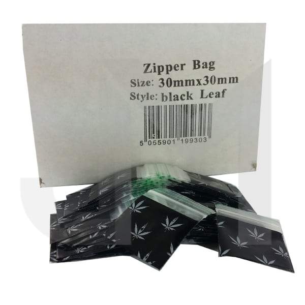 Zipper Branded 30mm x 30mm Black Leaf Bags