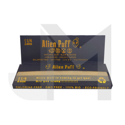 50 Alien Puff Black & Gold 1 1/4 Size Unbleached Brown Rolling Papers ( HP104 )